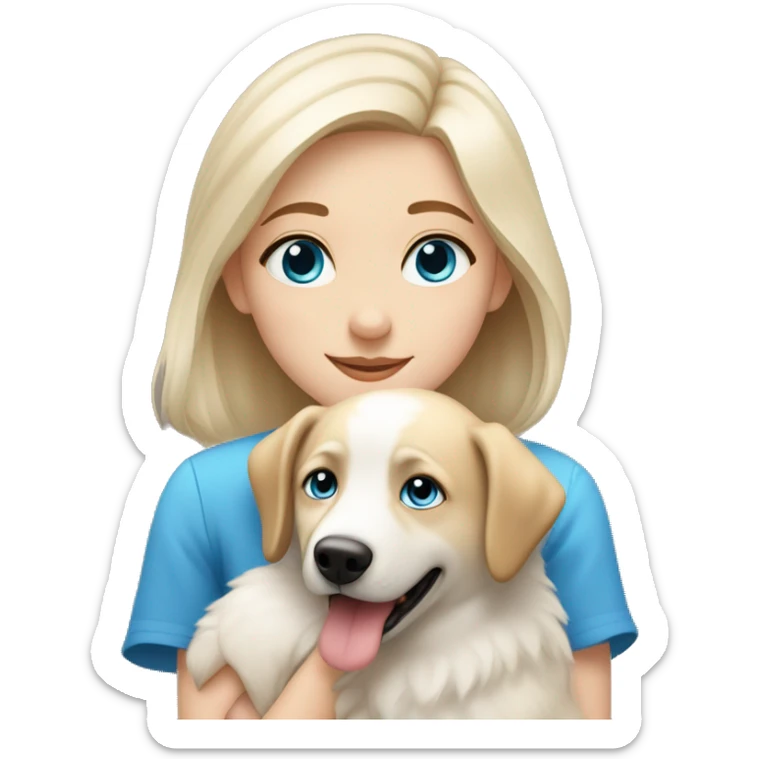 Blond girl with blue eyes cuddles a white Sheppard dog with brown eyes  sticker
