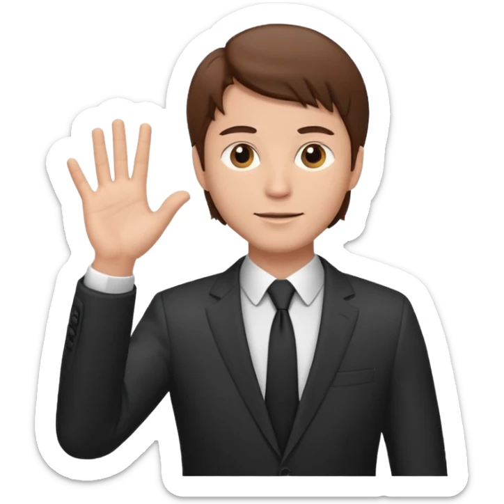 Mach mir einen Tyoen mit braunen haaren und im anzug der männlich ist der mit seiner linken hand zur seite zeigt sticker