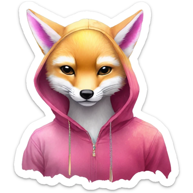 Pink magenta burgundy maroon cyan beige gray fox wearing a pink hoodie with gold jewellery gold piercings gold ear piercing gold nose piercing vintage watercolour tie dye black raven wings sticker