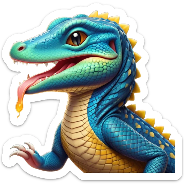 Cinematic Cute Yawning Monitor Lizard Portrait Emoji, Head tilted slightly with a dramatic, wide-open yawn, showcasing textured, patterned scales and sleepy, half-closed eyes exuding relaxed charm, Simplified yet irresistibly adorable features, highly detailed, glowing with a soft, cozy glow, high shine, relaxed yet expressive, stylized with a dash of whimsical wildness, soft glowing outline, capturing the essence of a drowsy yet affectionate reptile that appears ready to stretch out for a nap! sticker