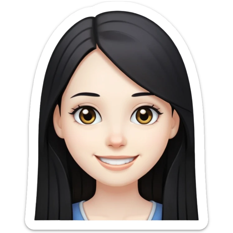 smiling girl with long straight black hair, pale skin, dark eyes sticker
