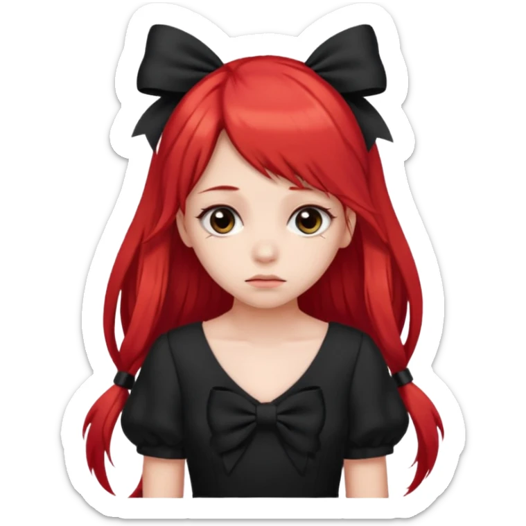 red long twin tail hair girl with black bow on her hair wearing black dress with a sad face sticker