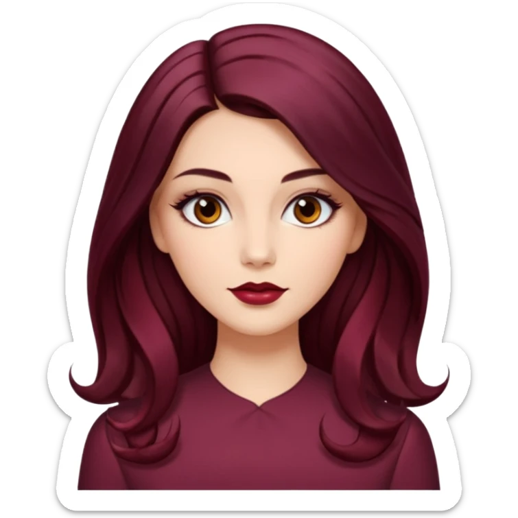 young glamorous woman 
Long waist-long hair
hair parted in the centre of her face
slightly wavy
dark burgundy hair 
 sticker