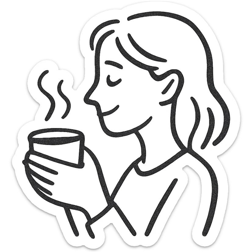 pen-drawn hand sketch style emoji of a woman in side profile, gently smiling, holding a steaming coffee cup with both hands, casual and simple lines, minimal or no color, cozy and relaxed mood, clear and warm expression sticker