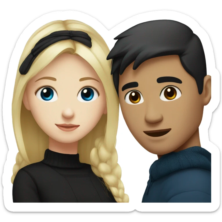 Blonde girl with blue eyes in black sweater and an east asian man with black hair and black eyes hugging sticker