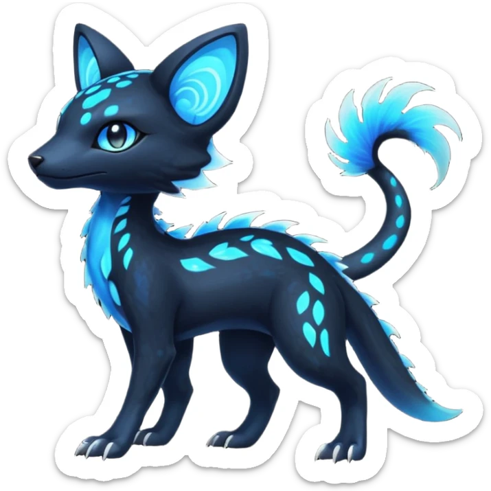 Rare realistic dark black with glowing blue bioluminescent edgy badass epic pretty beautiful handsome gorgeous aesthetic colorful vibrant Vernid-Trico-species-Fakemon-creature by LiLaiRa, 4 legs, 1 tail, random markings, (full body) sticker