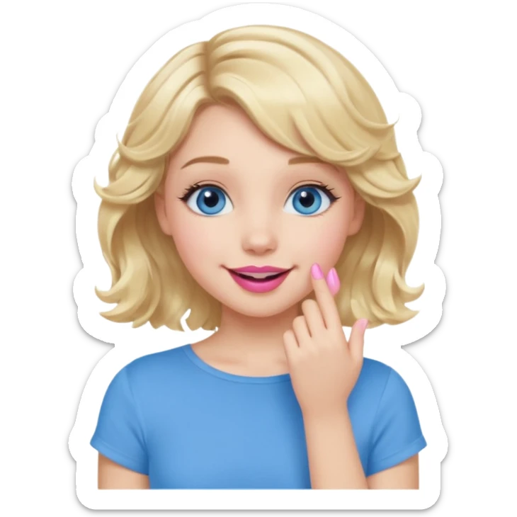 Girl Blonde short wavy hair,  blue eyes, cute blue top, long lashes, pink lips, smiling, hand covering the mouth sticker