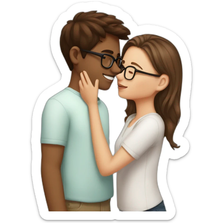 White girl brown hair kissing indian boy's cheek with glasses sticker
