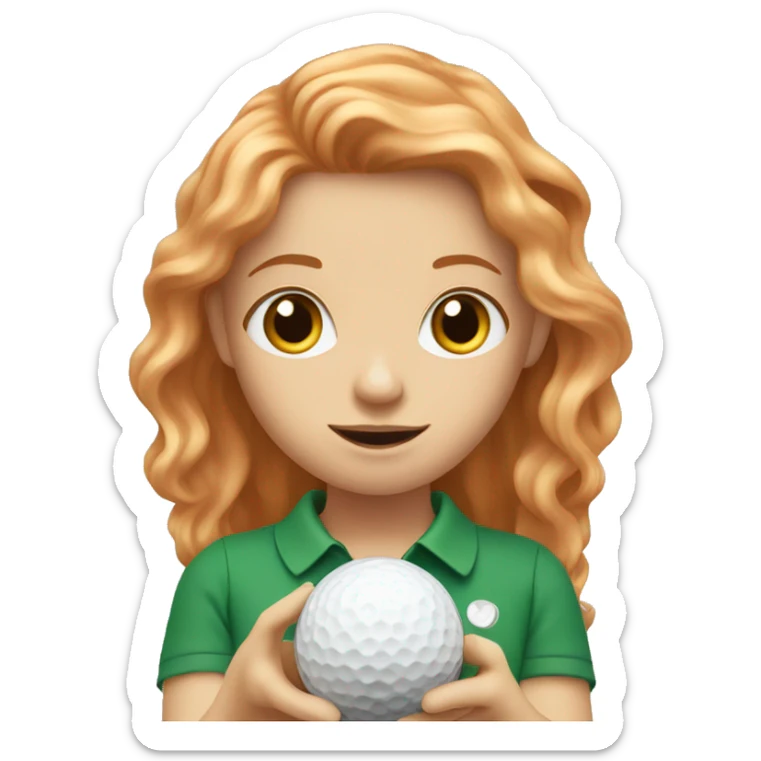Girl with long strawberry blonde hair holding a golf ball sticker