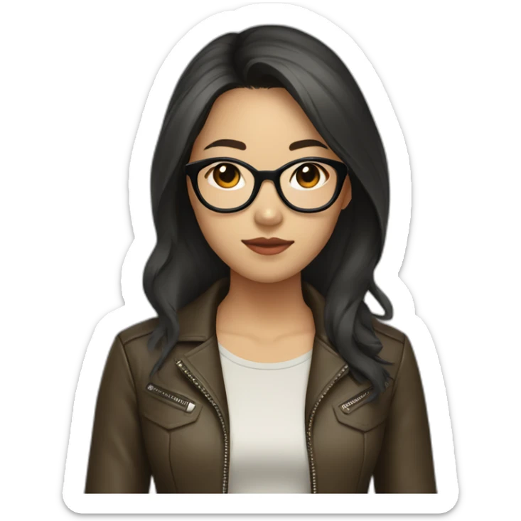 asian girl with glasses and a leather jacket with a  khaki shirt and long dark hair sticker
