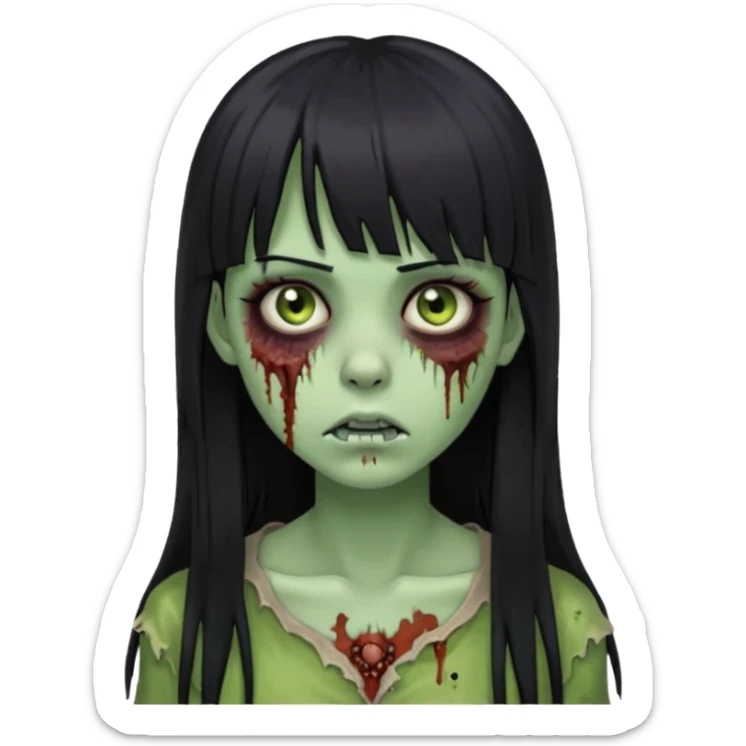 Zumbi girl pretty and Long, straight black hair with bangs, With a nose piercing sticker