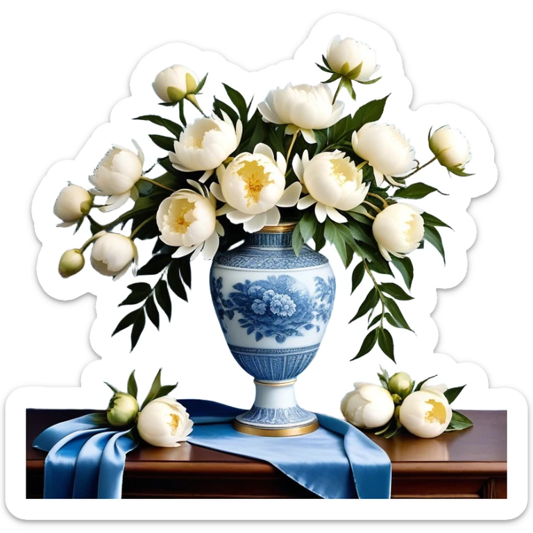 An intricately detailed porcelain vase with gold accents cradles a cascading bouquet of white peonies, tinged with hints of sky blue. Around the neck of the vase, a dusty blue velvet ribbon is artfully tied into a loose bow, its ends draping gracefully over the table’s edge. A few petals have delicately fallen onto the tabletop, resting beside a strand of soft pearl beads, adding a sense of quiet romance and nostalgia to the composition.


 sticker