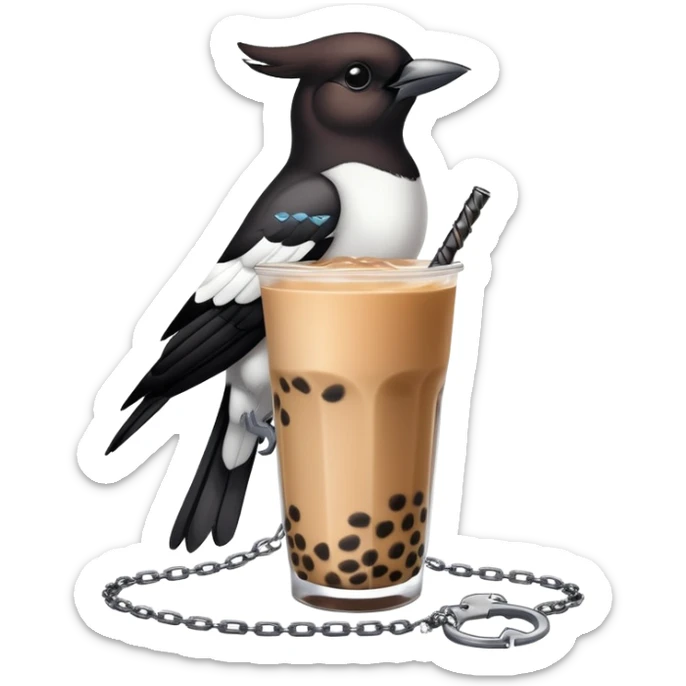 A living boba tea with a magpie that’s wearing a chain nexklace  sticker
