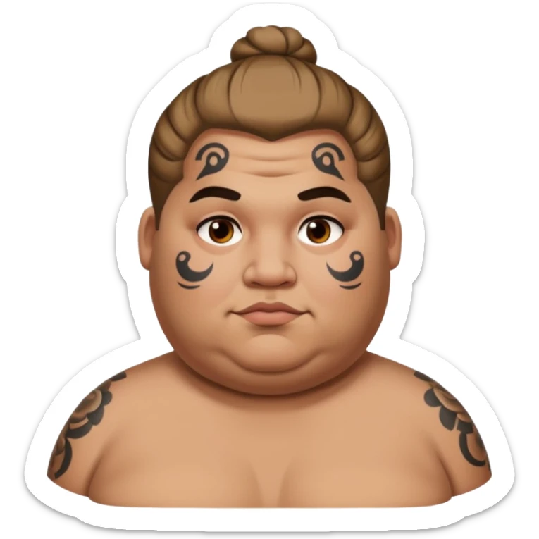 obese man with lots of face tattoo and hair bun sticker