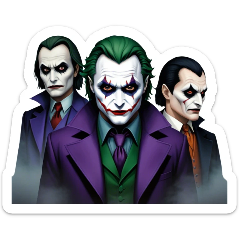 Thriller Movie Icon: A dark, intense collage with close-up images of iconic thriller characters like 1 Joker, 1 Hannibal Lecter, and 1 Vlad Dracula. The background features a moody Gotham City skyline, with shadowy figures and fog. Atmospheric, suspenseful tone. Transparent background. sticker