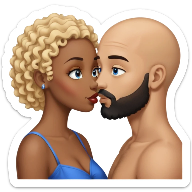 bald head man with brown eyes and black beard kissing African woman with blue eyes and curly blonde hair sticker