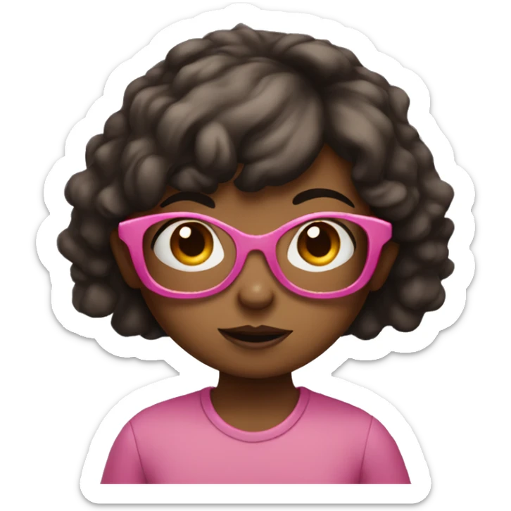 confused little girl with dark brown hair, brown skin, and pink glasses sticker