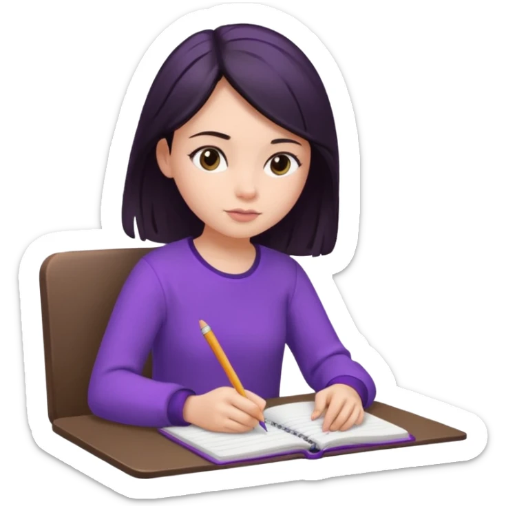 girl sitting, writing in a notebook, dark hair, dressed in purple clothes sticker