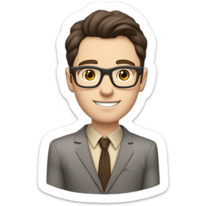 Pale skinned fit man with dark brown hair in gray jacket, beige office shirt, brown tie, brown pants and vintage glasses Writing text on a marker board sticker