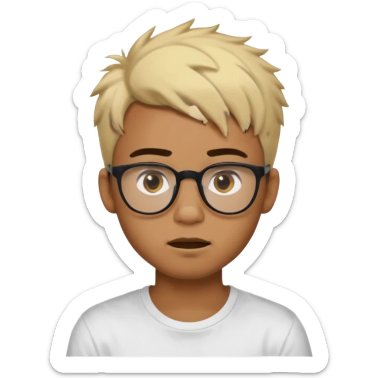 Teenager. Short buzz, messy blonde hair. Dark brown bushy eyebrows large expressive golden-brown eyes, brown skin color, scar over nose, wearing a plain white t-shirt. wearing clear thick black glasses. 20 year old male. wacky facial expression. brown skin color.  sticker