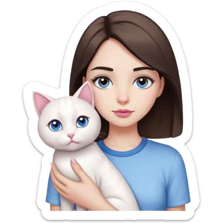 A girl with short brown shoulder length hair, straight eyebrows, large dark brown eyes, long eyelashes, a normal nose, a normal mouth, pink lips, and white skin, holding a white cat with blue eyes and wearing a shirt sticker