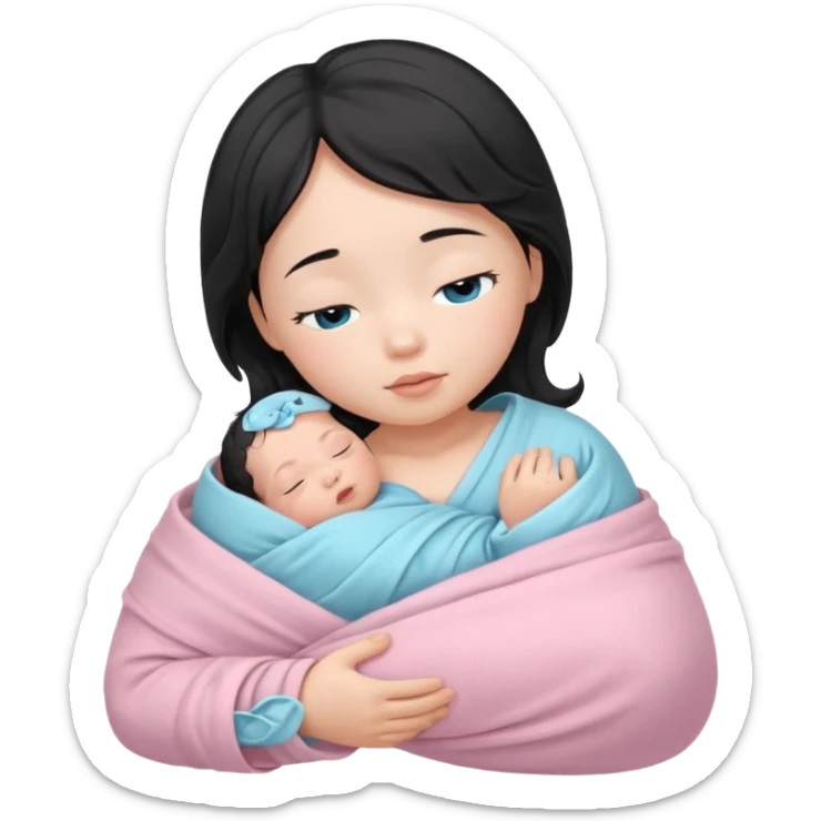 a  female asian newborn baby with black wavy hair and blue eyes wrapped in a light pink swaddle sticker