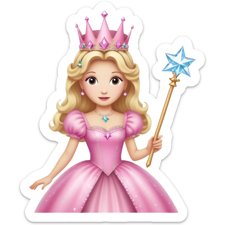 Glinda the Good Witch with blonde hair, sparkly crown, pink puffy dress, and magic wand sticker