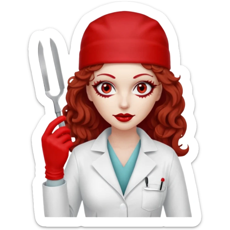 


Scary woman scalpel in hand, evil surgeon sexy surgeon clothes.  She has redcolored  eyes. Her  hair only is free ne brown long curly hair. Wears sexy doctor outfit with red gloves. make her wear red ski mask  to hide. Wears white surgeon coat, wears  stilettos sticker