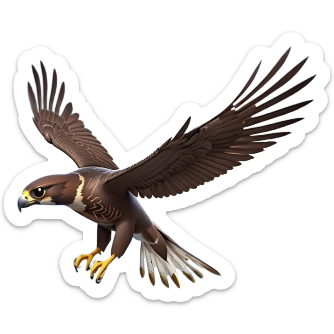 cinematic-peragrin falcon-realistic-full-body-diving-emoji,-sleek-aerodynamic-frame-plummeting-through-the-air-with-lightning-speed,-razor-sharp-talons-poised-for-the-strike,-feathered-wings-angled-for-maximum-precision,-keen-dark-eyes-locked-onto-its prey sticker