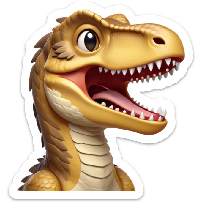 Cinematic Cute Yawning jurassic park Velociraptor Portrait Emoji, Head tilted slightly with a dramatic, wide-open yawn, showcasing a lean, powerful body with a relaxed snout and sleepy, half-closed eyes that hint at both ferocity and fatigue, Simplified yet irresistibly cute features, highly detailed, glowing with a soft, cozy prehistoric glow, high shine, relaxed yet expressive, stylized with a hint of whimsical ancient ease, soft glowing outline, capturing the essence of a drowsy yet endearing jurassic park Velociraptor that appears ready to stretch and yawn its way out of the screen! sticker