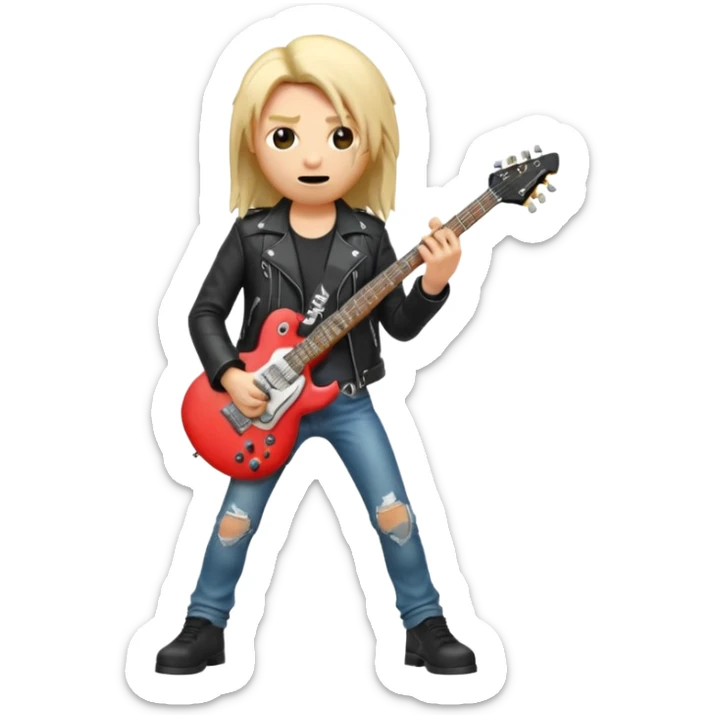 3D Apple-style emoji of a metal musician holding an electric guitar with a bold "ROCK" sign above. Long hair, black leather jacket, ripped jeans, intense expression. Rounded, glossy, smooth, soft shadows, white background.











 sticker
