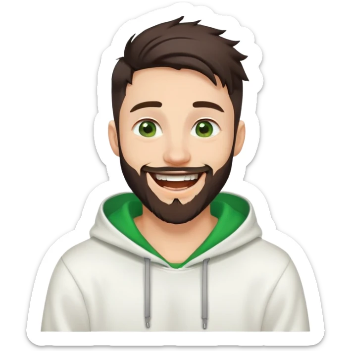 laughing guy with white hoodie, green eyes, dark brown undercut hairstyle and a short full beard sticker