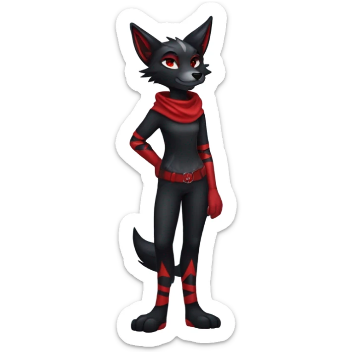 Anthro black Shiny Fionbri-Falvie-sparkle-wolf-sona with red edgy markings full body sticker
