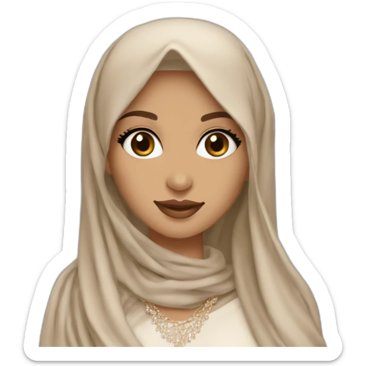 beautiful brunette arabian girl with smooth skin long hair beige lipstick wearing hijab and low neck dress with a diamond necklace sticker