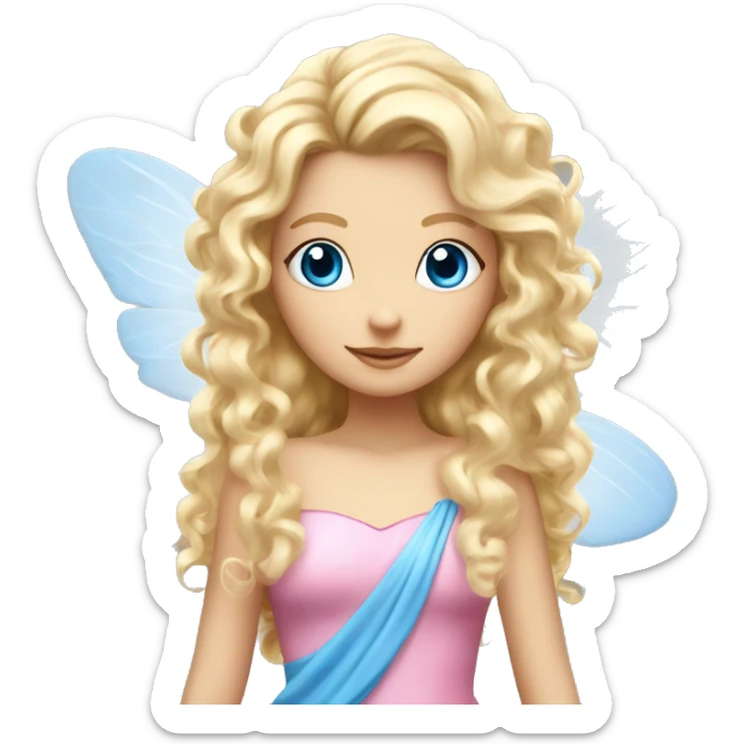 Fairy, a blonde hair with blue eyes and a pink dress with sparkly wings. White wings. The fairy has long, curly hair with a lot of volume sticker
