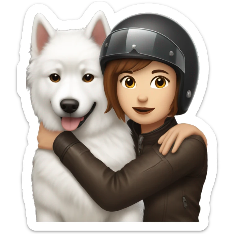 Girl biker white skin and brown short hair with a agv helmet hugging a Samoyed sticker