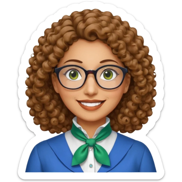 40 yr old Iranian woman, light brown very curly thick hair, shoulder length hair, green eyes, tan skin, big smile, big glasses, blue dress shirt with white cravat on neck sticker