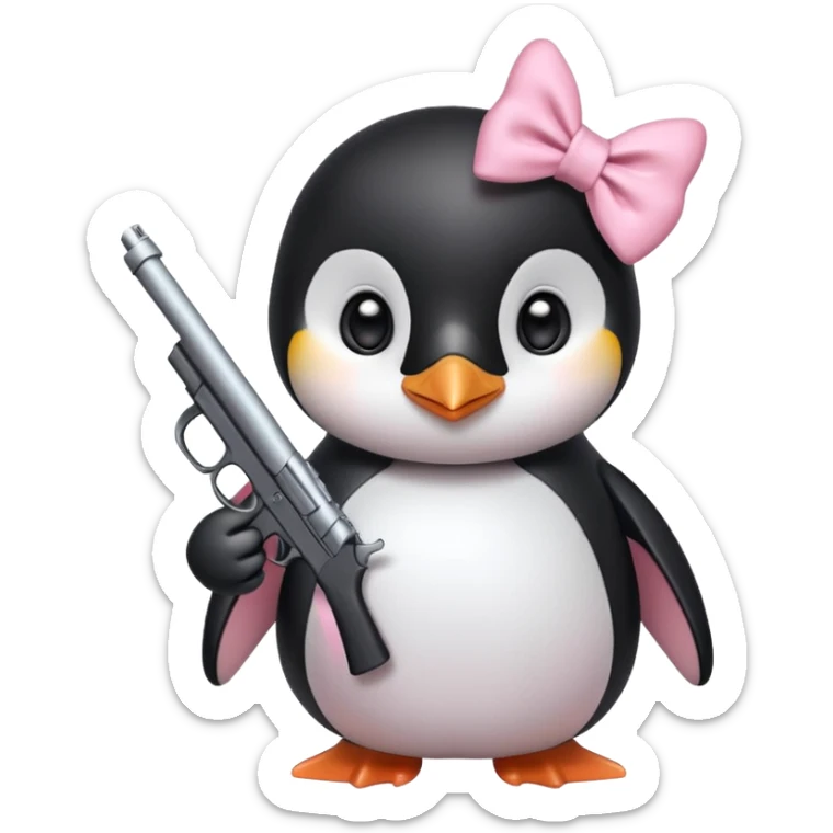 cute penguin wearing light pink bow on neck and holding light pink gun  sticker