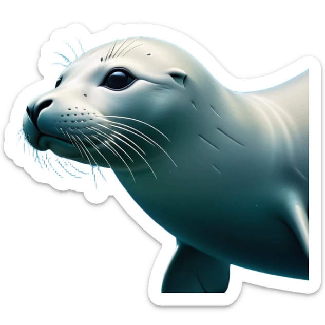 Cinematic Noble Seal Portrait Emoji, Poised and refined, with a sleek, streamlined body adorned in smooth, glossy hues and deep, soulful eyes, Simplified yet sharp and sophisticated features, highly detailed, glowing with a soft, aquatic glow, high shine, intelligent and graceful, stylized with an air of maritime elegance, focused and alert, soft glowing outline, capturing the essence of a watchful ocean guardian that feels as though it could glide out of the screen with effortless authority! sticker