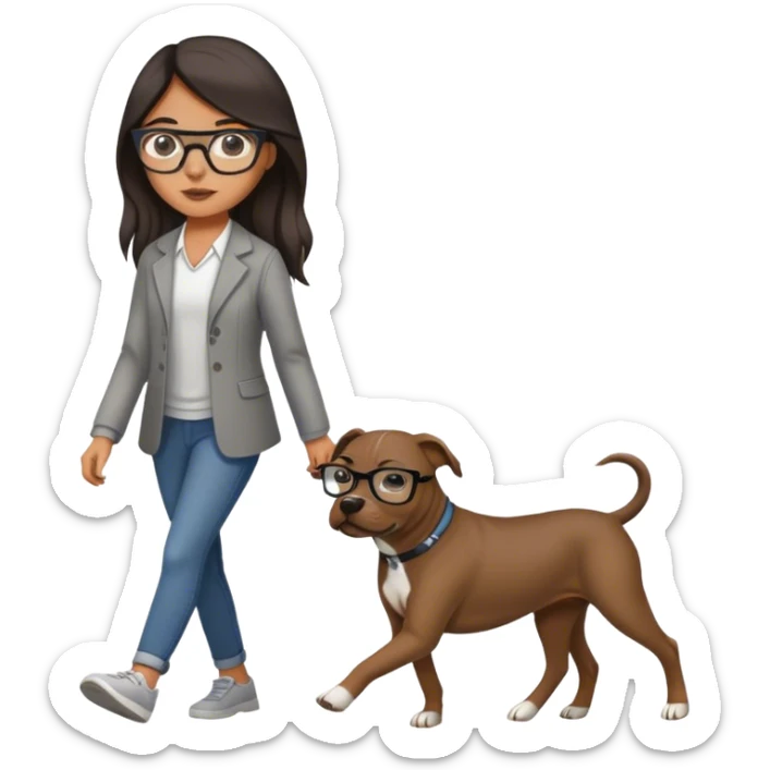 Girl with glasses and long dark hair walking grey pitbull sticker