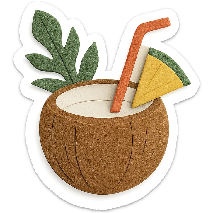 pina colada in a coconut shell with a straw and tropical leaves in paper-craft style sticker