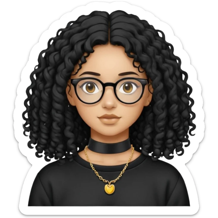 Mixed girl /curly long hair black / with black eyes glasses black sweat shirt middle part flat piercing and small thin gold choker  sticker