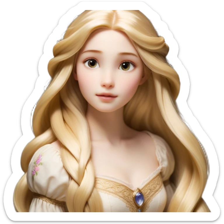 Cinematic Realistic Rapunzel Portrait, with porcelain-like skin featuring a subtle, natural glow, illuminated by soft lighting that brings out the gentle contours of her face. Her long, golden blonde hair cascades in detailed waves, each strand highlighted with a radiant shimmer as it catches the light. Her bright, expressive green eyes exude curiosity and warmth, framed by delicate lashes and soft, arched brows. Her expression is playful and vibrant, with a gentle smile. She is dressed in her classic lavender and pink gown, the fabric textured with delicate folds that flow naturally, catching the light with a soft, radiant glow. The portrait captures a luminous, enchanting aura, seamlessly blending realism with a whimsical, fairytale charm, evoking a timeless sense of beauty and magic. sticker