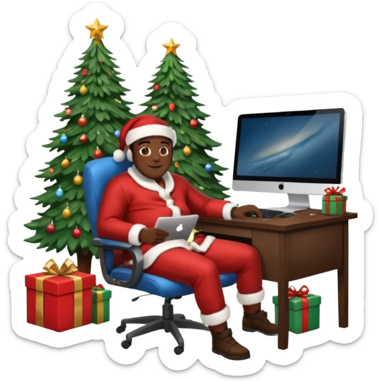 Informaticien homme noir full-body, week-end détente, assis à son bureau moderne avec ordinateur affichant du code.. À côté de lui, le Père Noël souriant, sapin illuminé et cadeaux autour. sticker