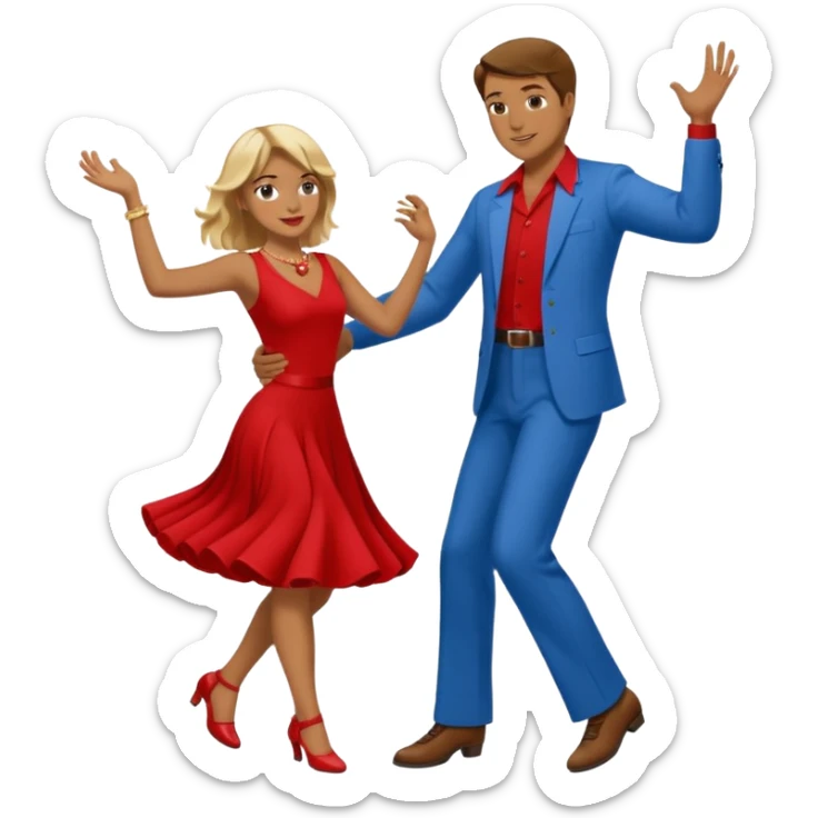 Two people. Man  wearing all red  with brown hair. Women iall blue with blond hair. Swing Dancing.  sticker