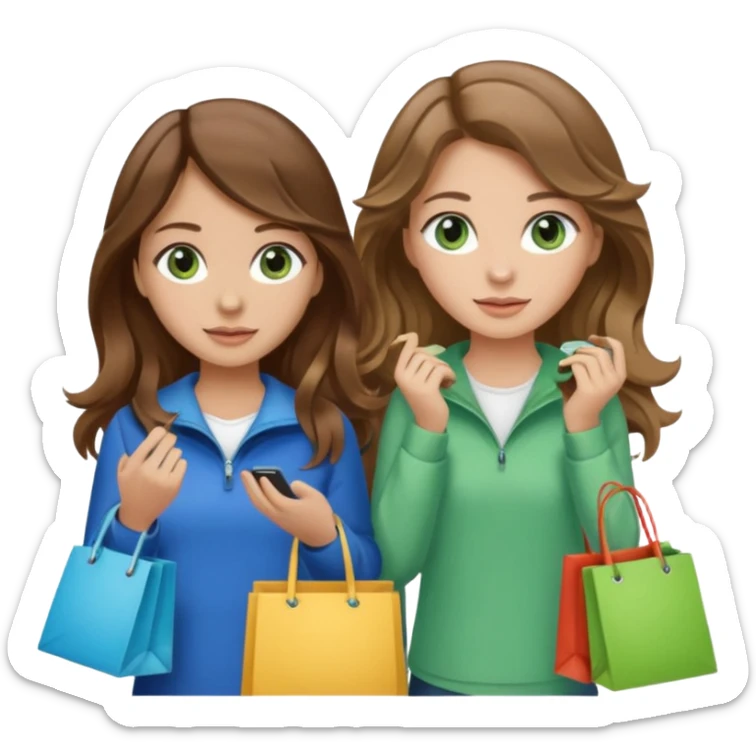 make me and my best friend togheter i have brown hair that falls on my shoulders and brown eyes and she has really long wavy brown hair with a little blonde and green/blue eyes we are shopping and i have BROWN eyes sticker