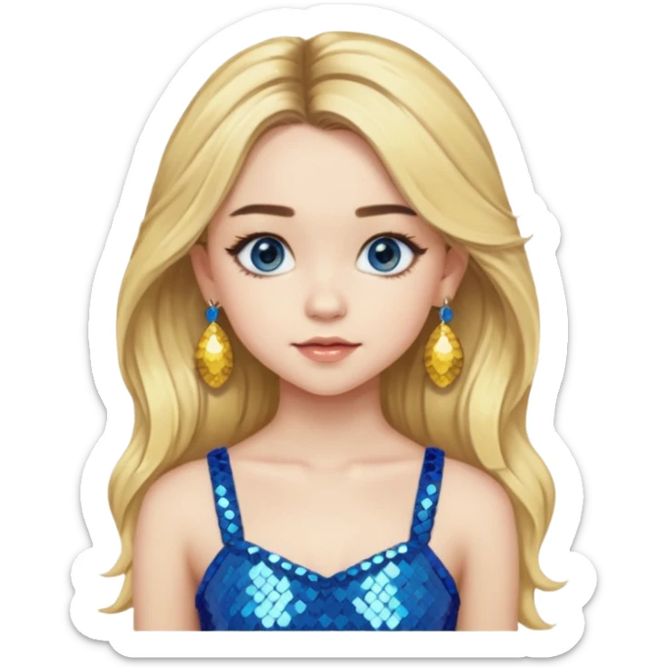 Sabrina Carpenter with long blonde hair, yellow sequin crop top, yellow earring, blue eye sticker