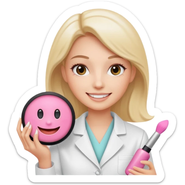 woman in a laboratory coat smiling holding a makeup cushion symbolizing new cosmetic technology sticker