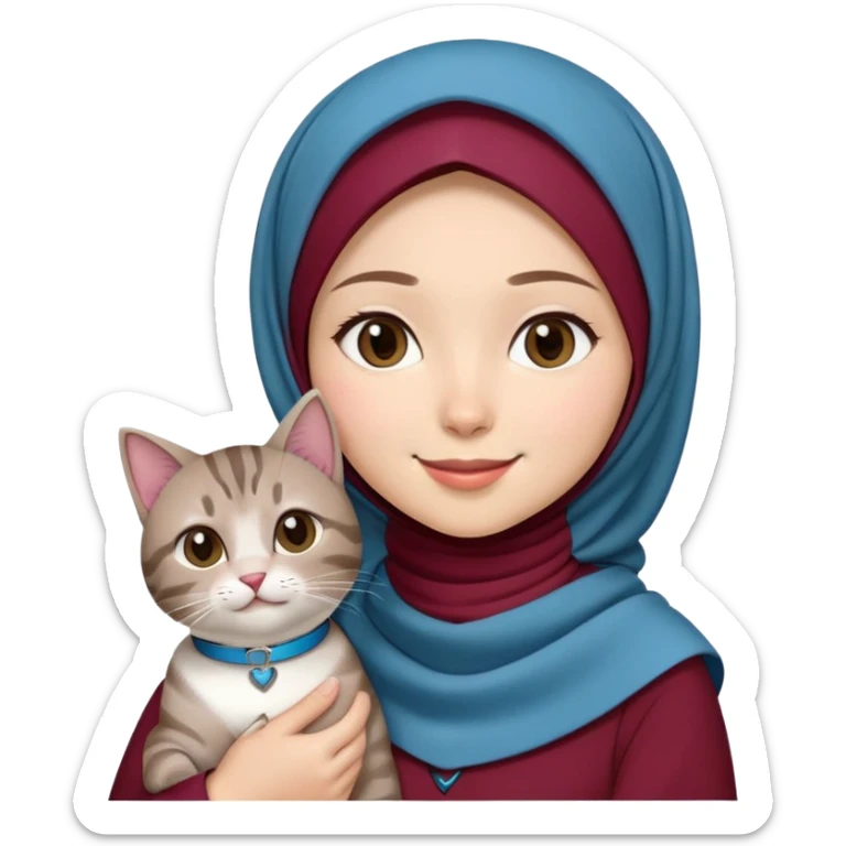 Asian White girl wearing  maroon hijab and white dress holding a black grey tabby cat while smiling. The cat is wearing a blue collar sticker