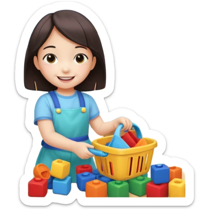 A cute 4-year-old Japanese girl with a big smile, proudly cleaning up her toys by herself in a bright playroom. She is putting colorful blocks and dolls back into baskets, looking happy and accomplished.  sticker